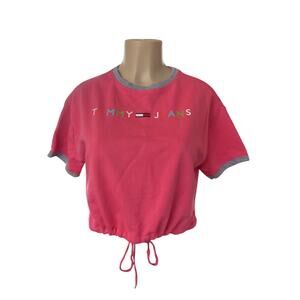 Tommy Jeans Y2K Crop T Shirt XXS Pink Logo Graphic Drawstring Hem Boxy Fit
